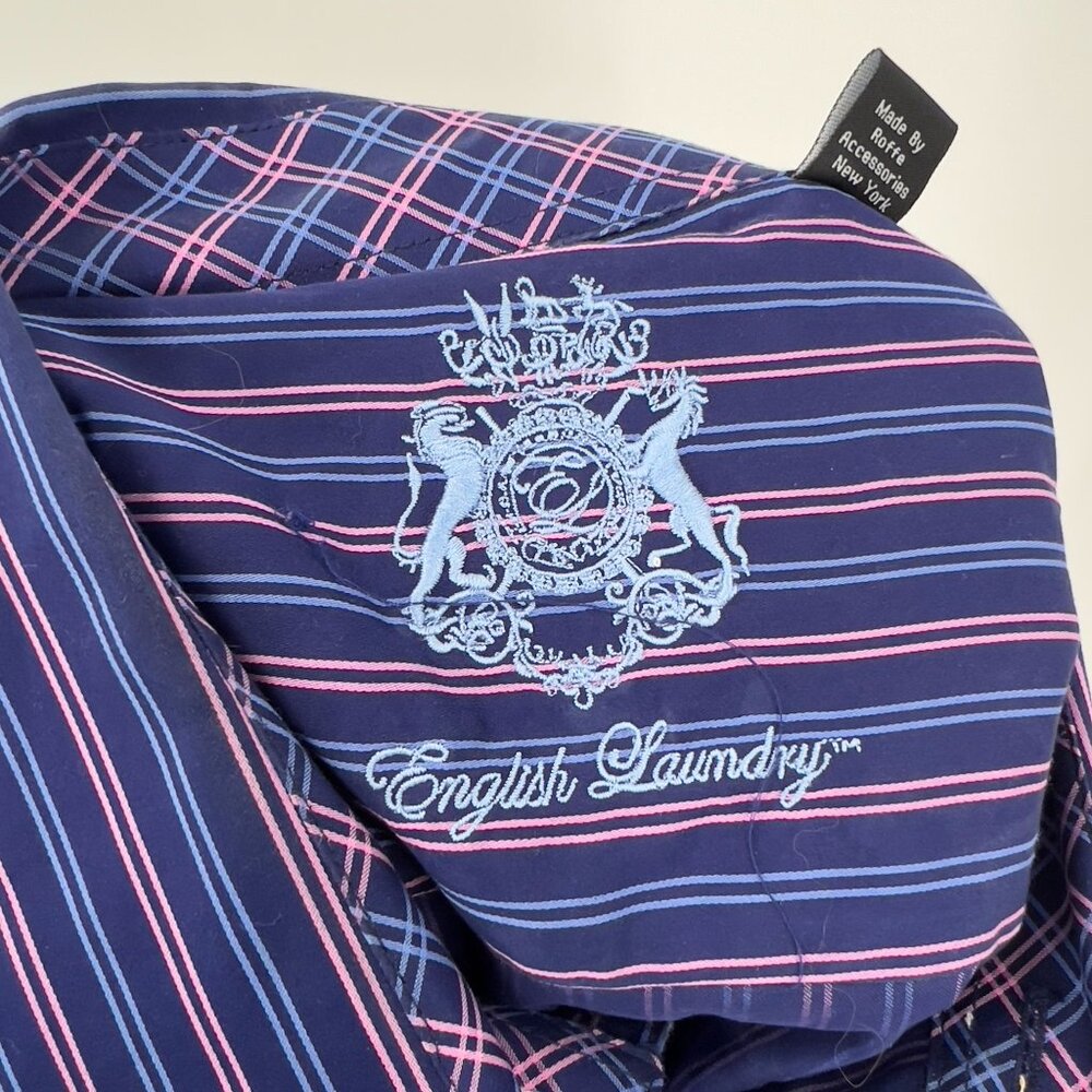 English Laundry Mens Striped 100% Cotton Dress Shirt 16.5 32/33 Blue/Pink - Picture 4 of 11